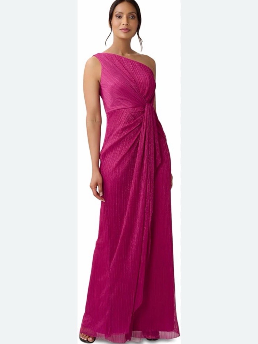 Adrianna Papell Womens Stardust Pleated Draped One Shoulder Gown Magenta Maxi 8